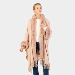 Pink Hoodie Winter Cape Poncho with Faux Fur Edge